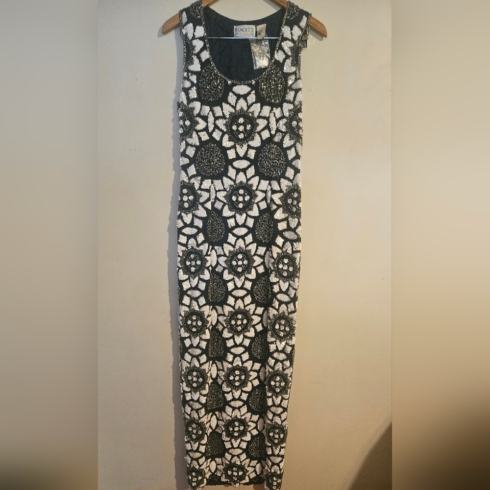 NWOT Vintage Oleg Cassini Black Tie Studded Beaded Floral Gown Size 10